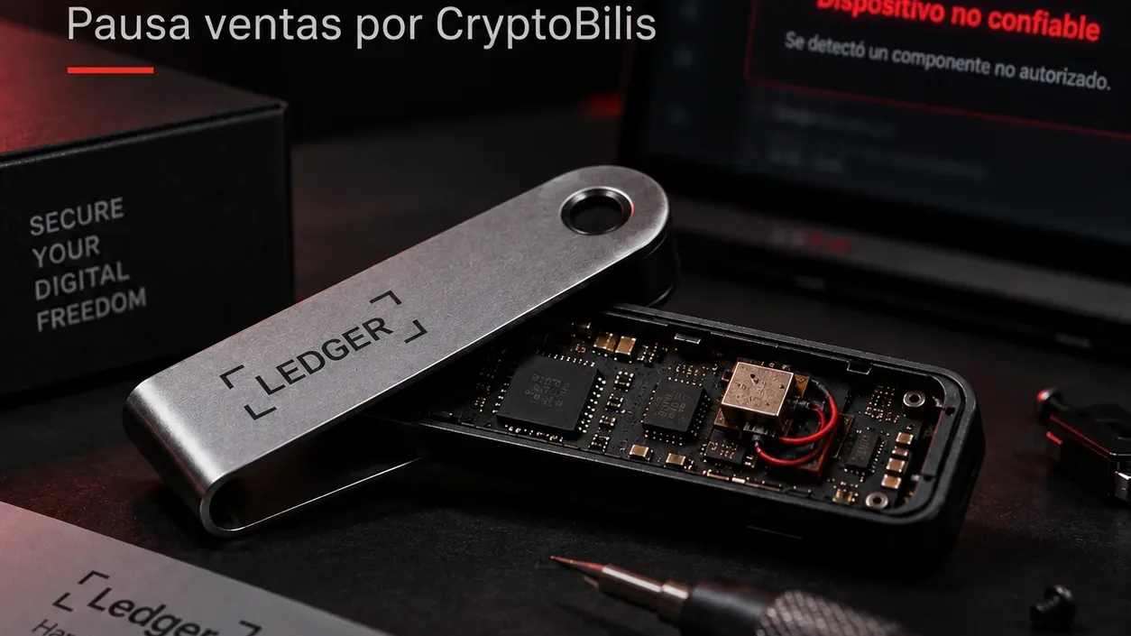 Ilustración generada con IA de una wallet Ledger abierta, mostrando componentes electrónicos y un posible implante de hardware, con una alerta de seguridad y el logotipo de Leo Deveras.