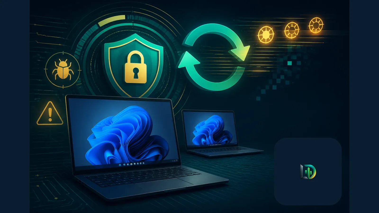 Ilustración generada con IA: 🔒 Microsoft corrige 1,411 fallas y despide el soporte de Windows 11 24H2 Home y Pro
